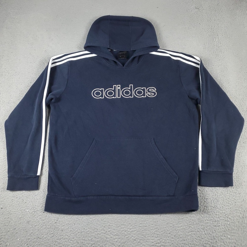 Adidas Mens Hoodie Large Blue Pullover Sweatshirt 3 Stripe Logo Activewear
